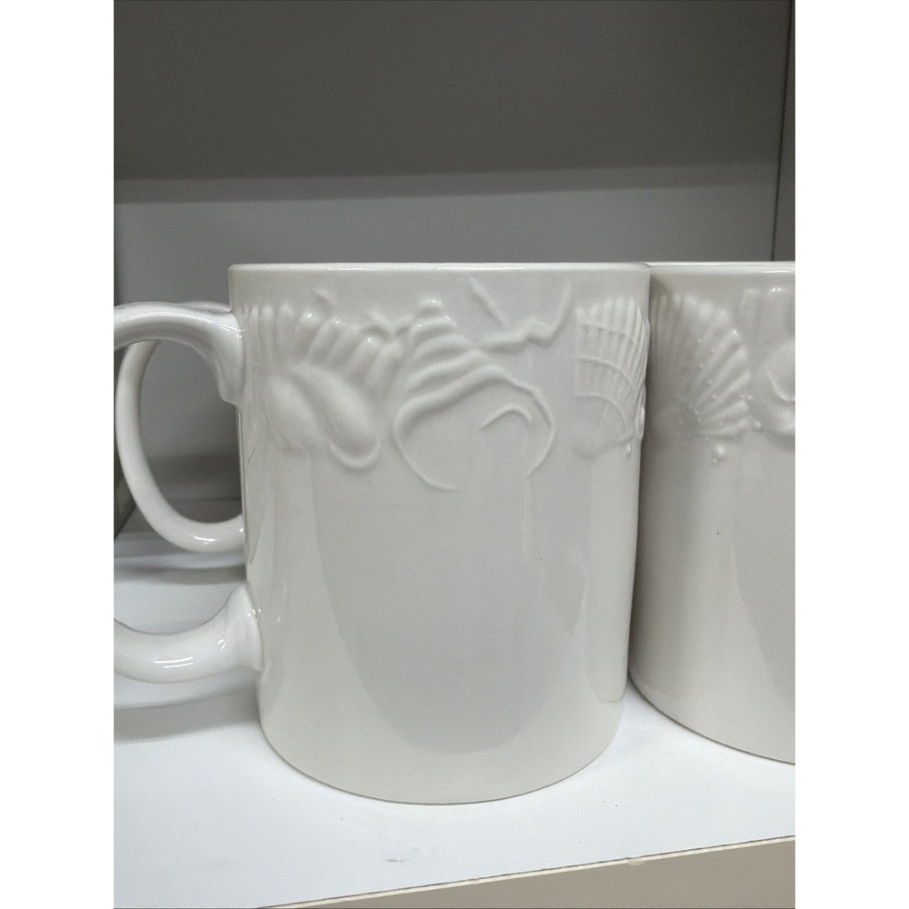 SET OF 4 PFALTZGRAFF LIDO BEACH WHITE COFFEE MUGS 3 5/8" SEASHELLS